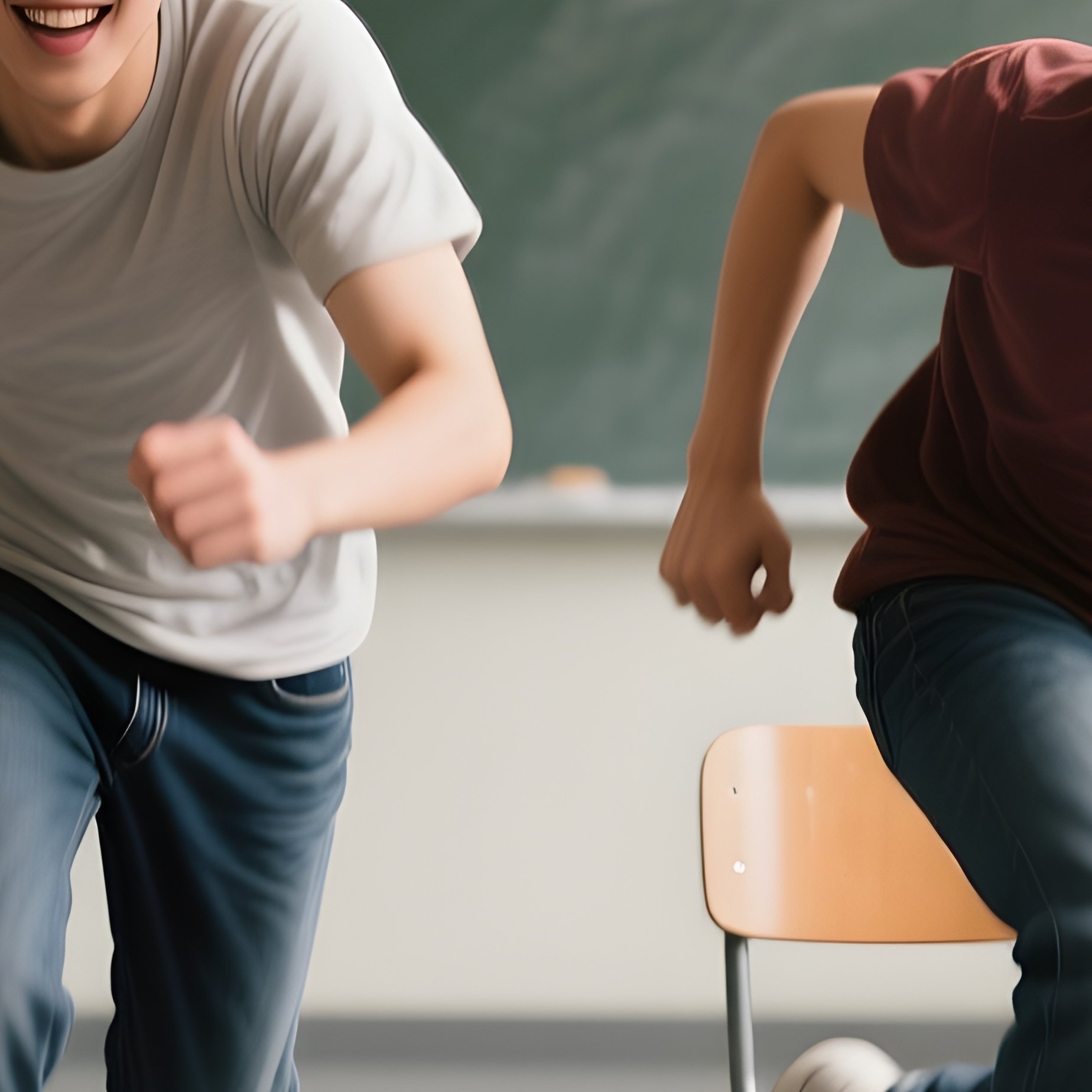 Photorealistic Image: Two Friends Racing Each Other With Rolling Chairs In An Empty Classroom. - Full Resolution Quality Preview