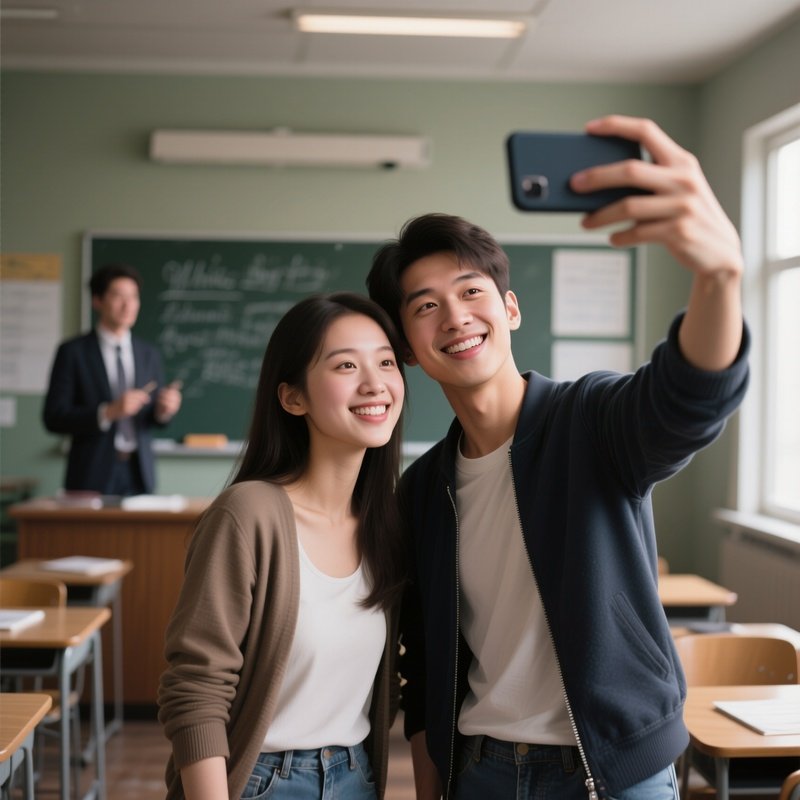 Photorealistic Image: Two Friends Trying To Take A Selfie Without The Teacher Noticing.