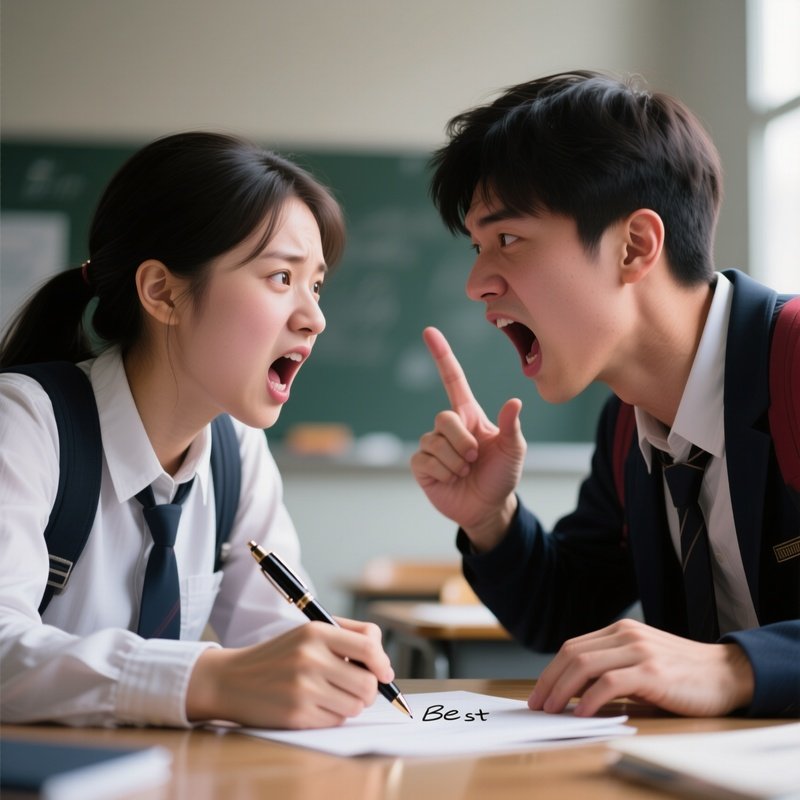 Photorealistic Image: Two Students Dramatically Arguing Over Whose Pen Is “Best.”