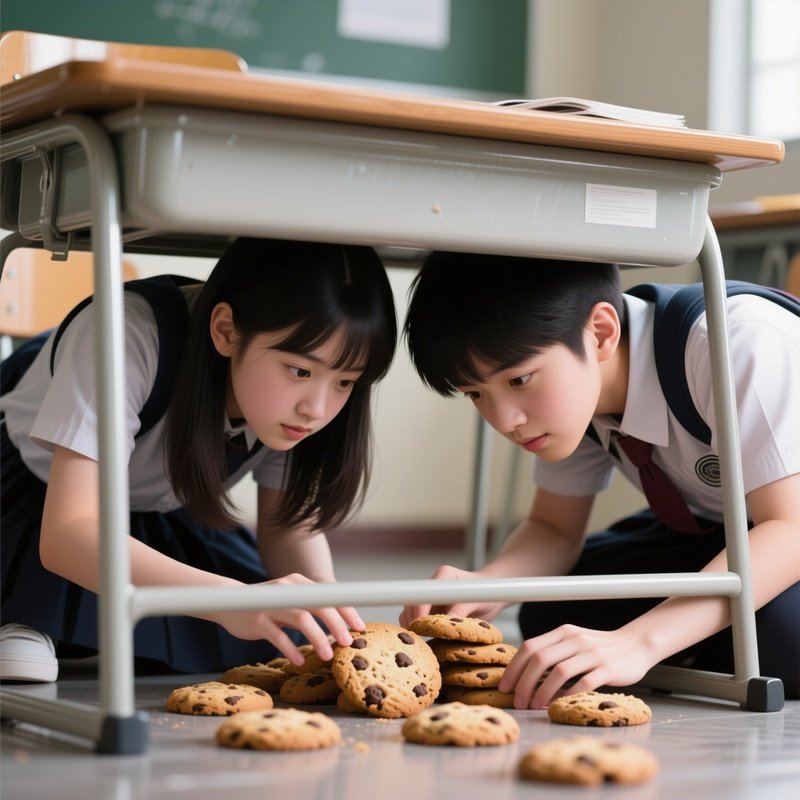 Photorealistic Image: Two Students Trying To Sneak Cookies Under The Desk.