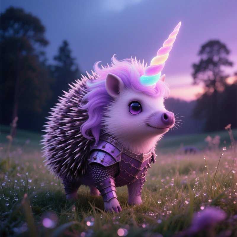 Photorealistic Image Unicorn Hedgehog Hybrid With Glowing Pastel Horn