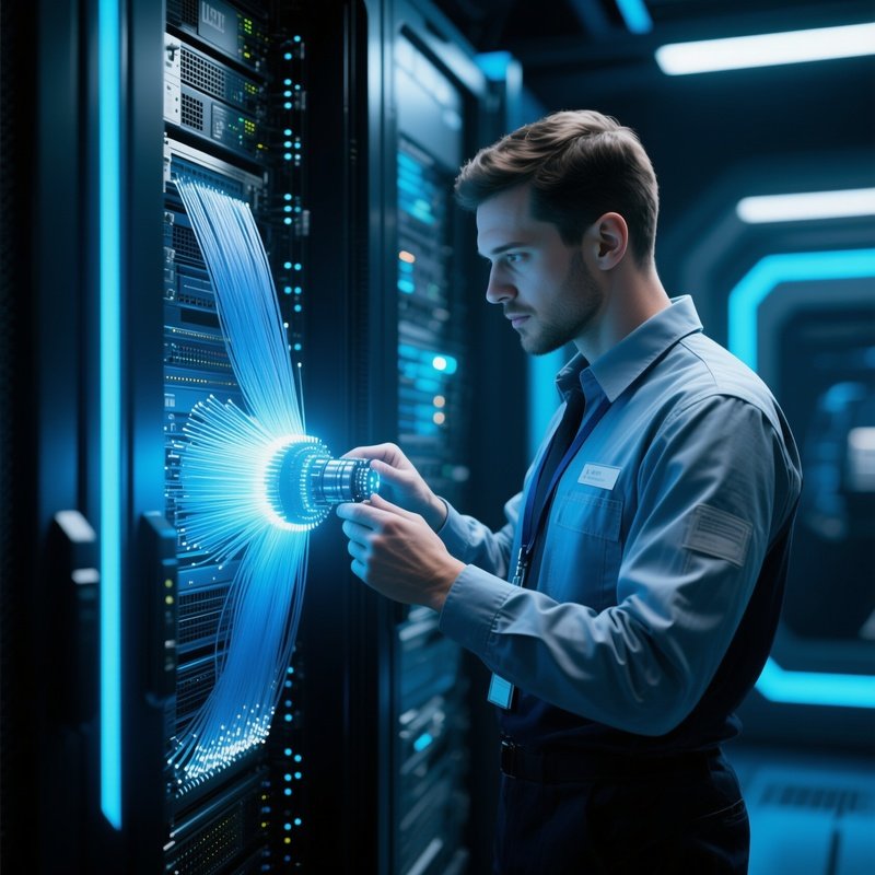 Photorealistic It Worker Inspecting Optical Fiber Panel Science Fiction