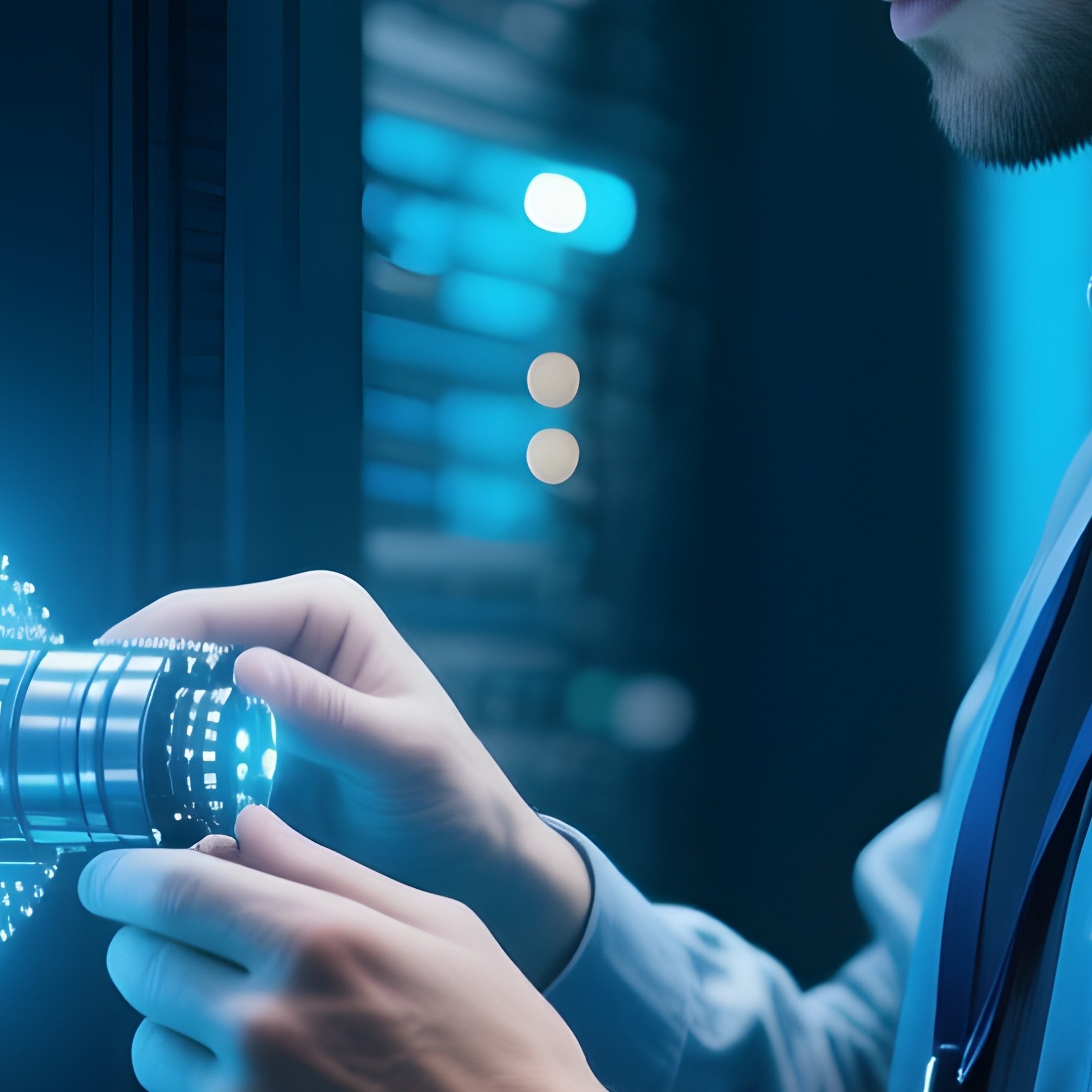 Photorealistic It Worker Inspecting Optical Fiber Panel Science Fiction - Full Resolution Quality Preview