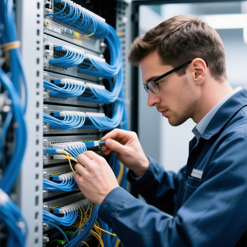 Photorealistic It Worker Inspecting Optical Fiber Panel