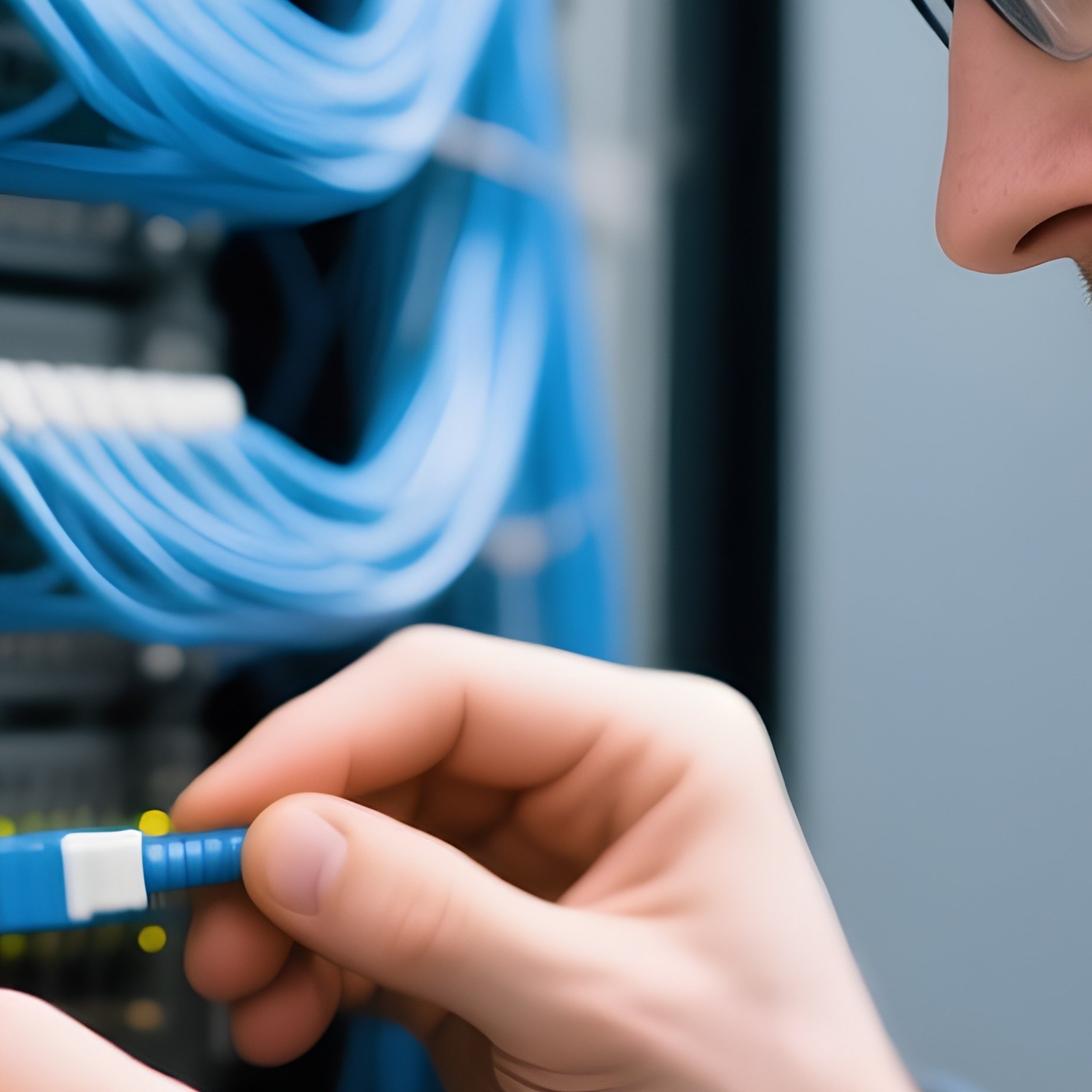 Photorealistic It Worker Inspecting Optical Fiber Panel - Full Resolution Quality Preview