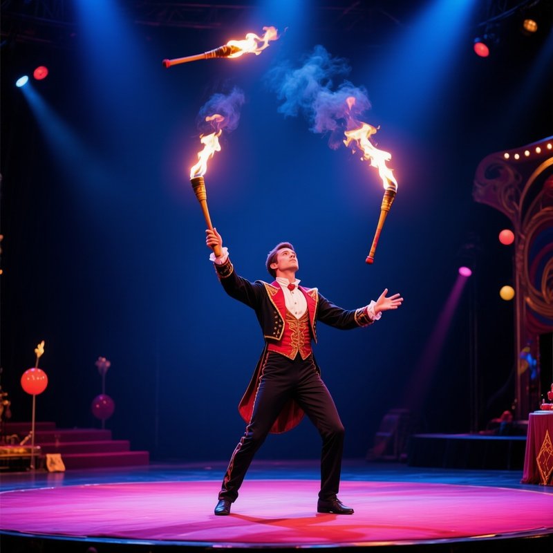 Photorealistic Juggler Flaming Torches
