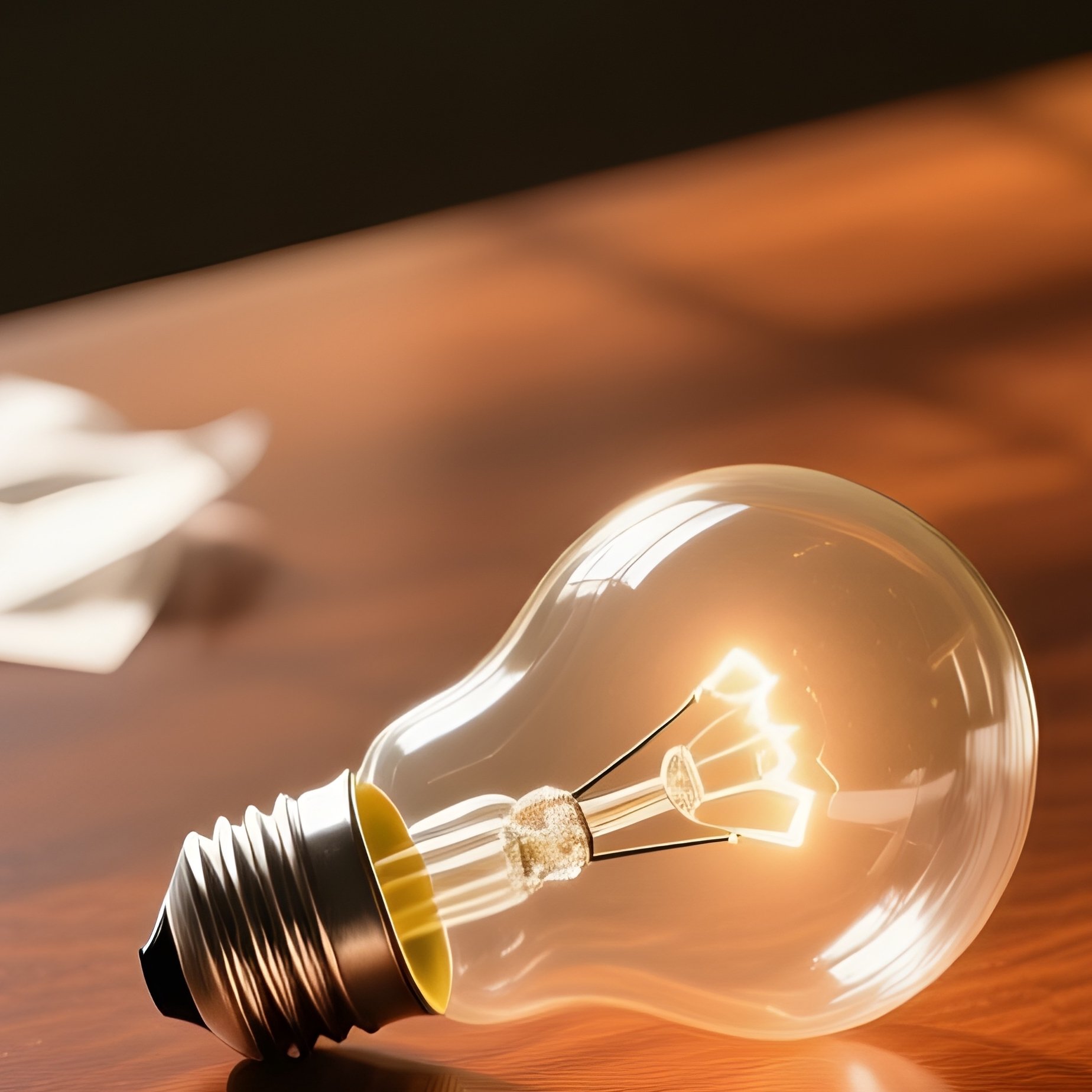 Photorealistic Lightbulb On Walnut Desk - Full Resolution Quality Preview