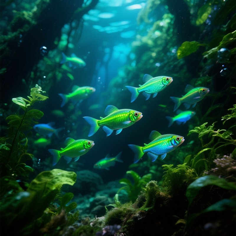 Photorealistic Neon Tetras Underwater Lush Green Plants