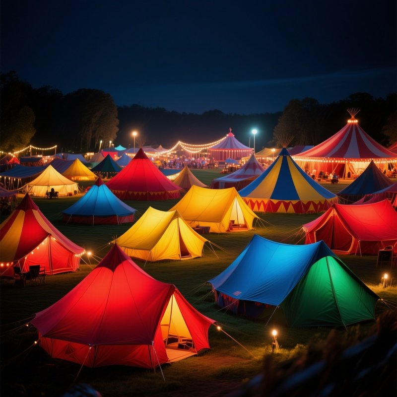 Photorealistic Night Circus Camp Tents Glowing Softly