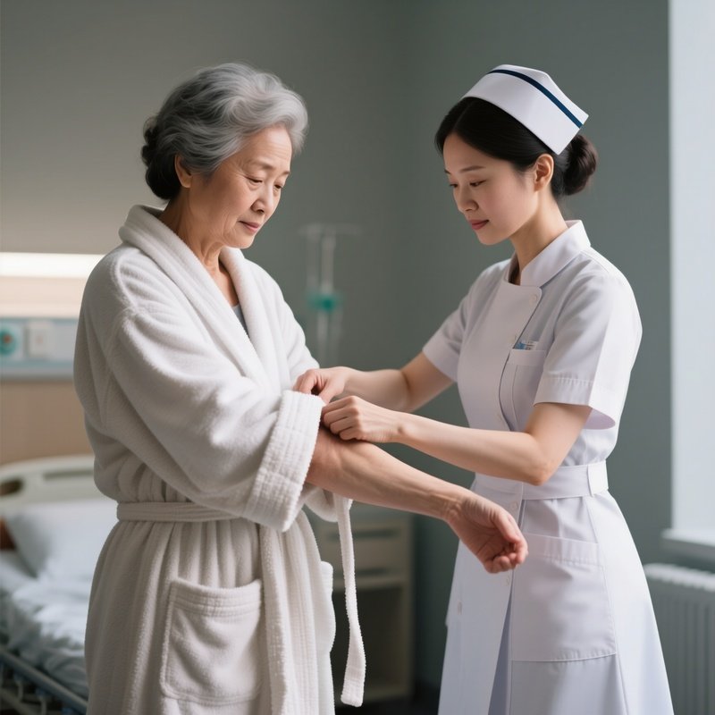 Photorealistic Nurse Assisting A Patient In Putting On A Robe