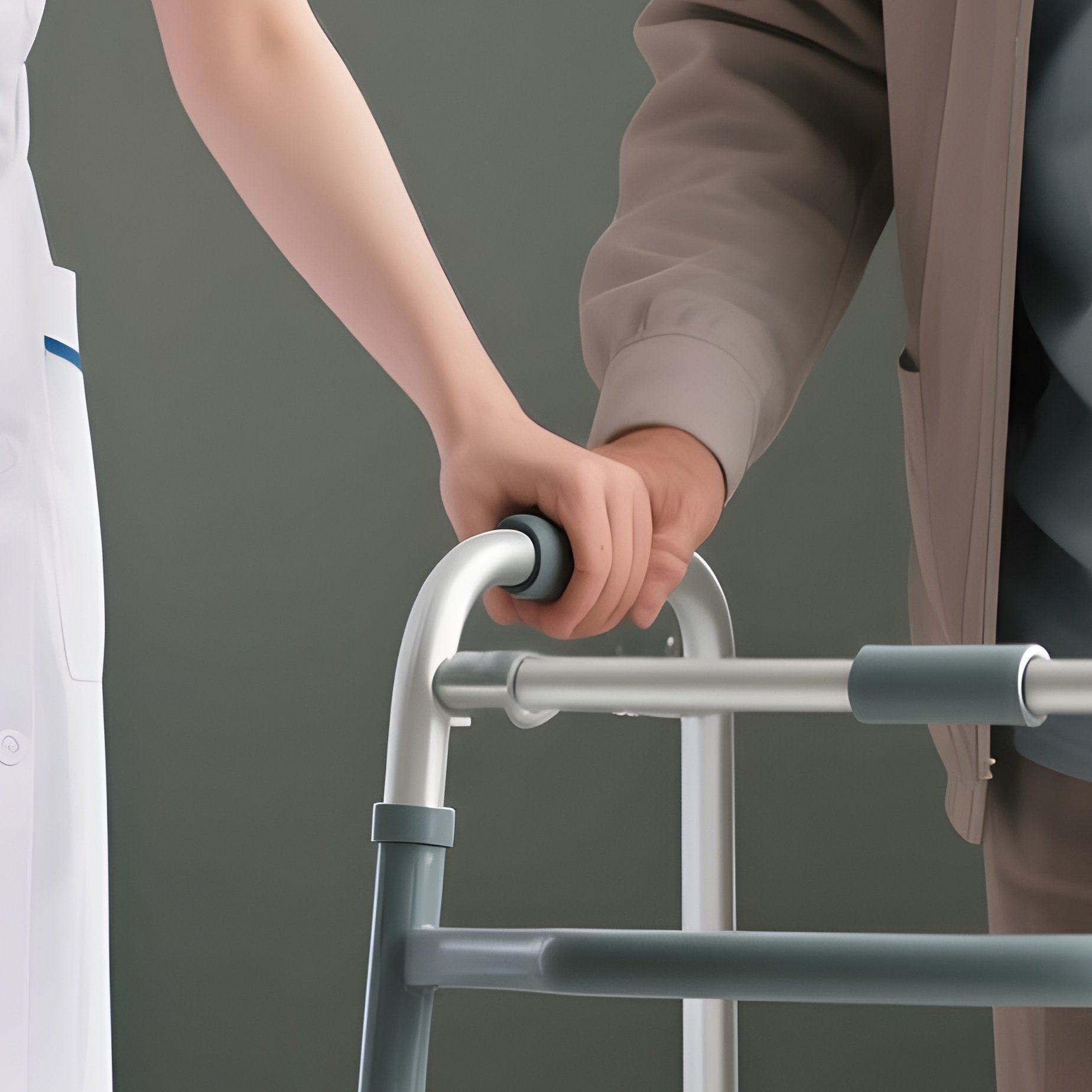 Photorealistic Nurse Assisting A Patient With Walking Practice Using A Walker - Full Resolution Quality Preview