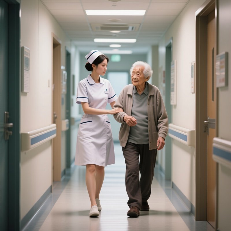 Photorealistic Nurse Assisting An Elderly Patient During A Short Walk In The Hallway