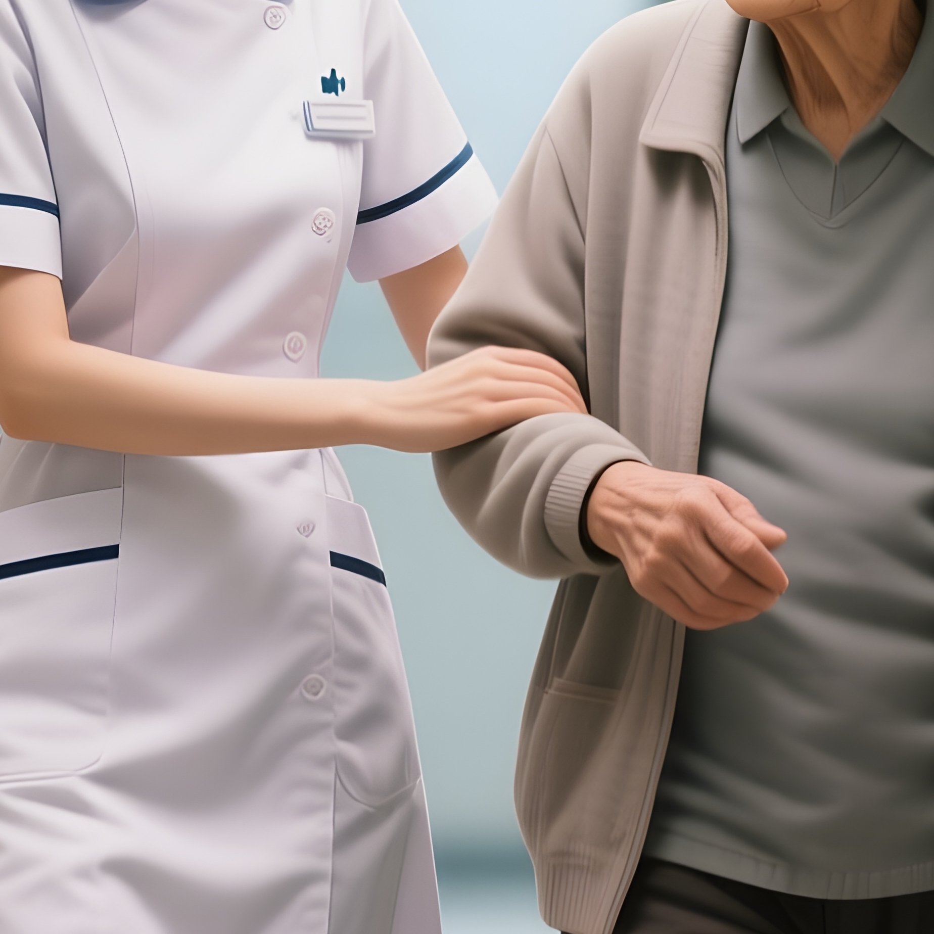 Photorealistic Nurse Assisting An Elderly Patient During A Short Walk In The Hallway - Full Resolution Quality Preview