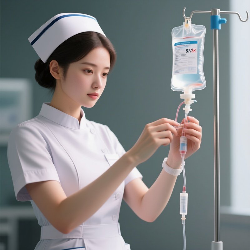 Photorealistic Nurse Checking Fluid Levels In An Iv Bag