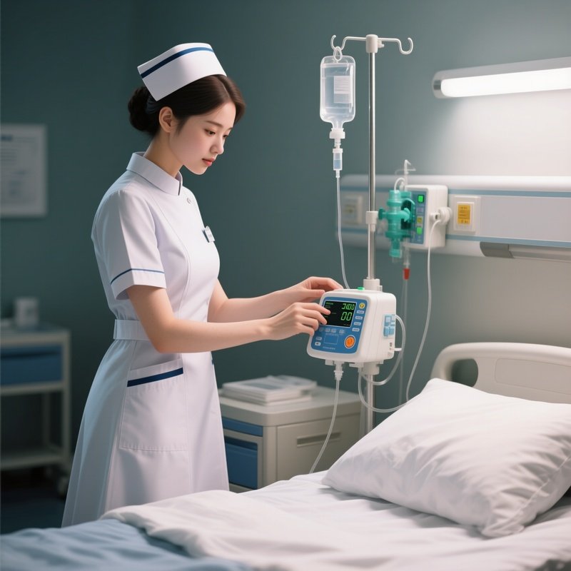 Photorealistic Nurse Checking Infusion Pump Settings Beside The Bed