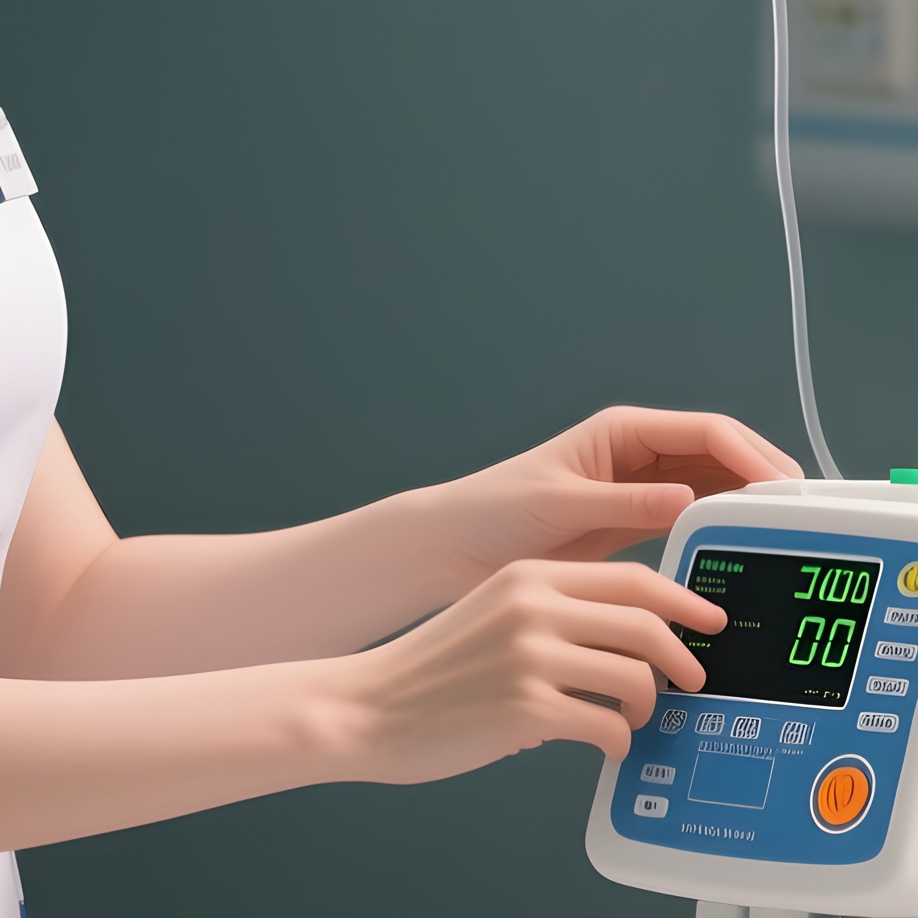 Photorealistic Nurse Checking Infusion Pump Settings Beside The Bed - Full Resolution Quality Preview