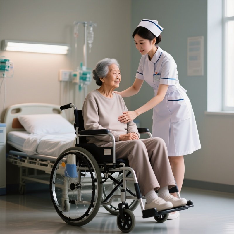 Photorealistic Nurse Guiding A Patient Into A Wheelchair Gently