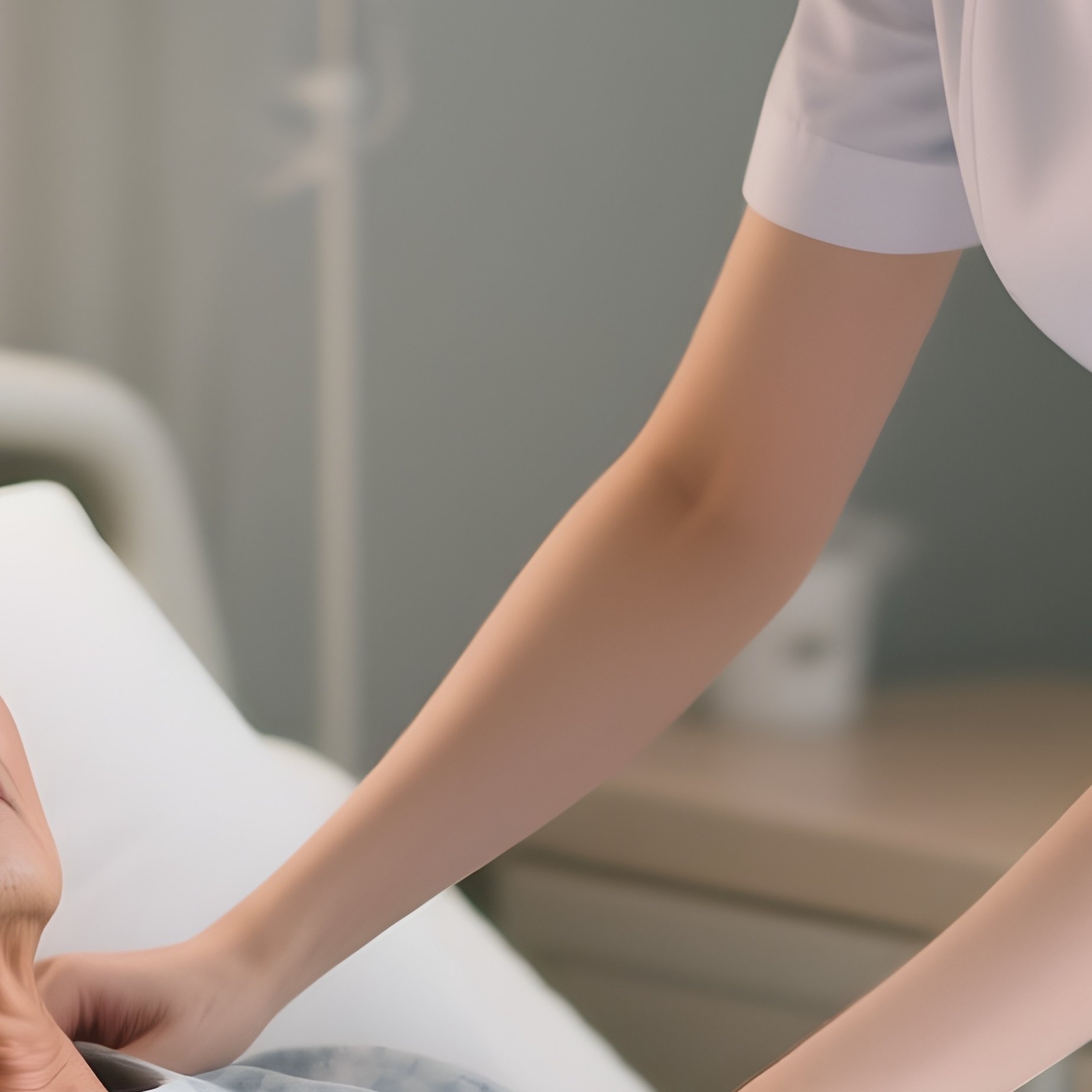 Photorealistic Nurse Helping A Patient Reposition Comfortably In Bed - Full Resolution Quality Preview