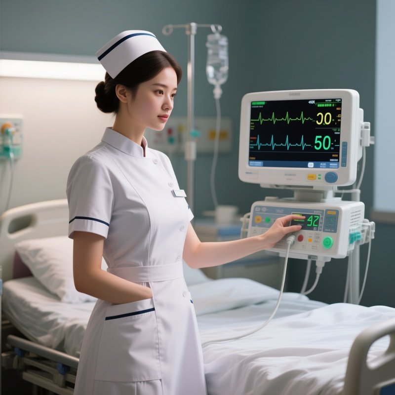 Photorealistic Nurse Monitoring A Heart Rate Display On A Bedside Monitor