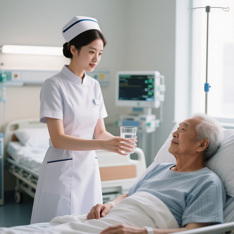 Photorealistic Nurse Offering A Glass Of Water To A Patient In A Bright Hospital Room
