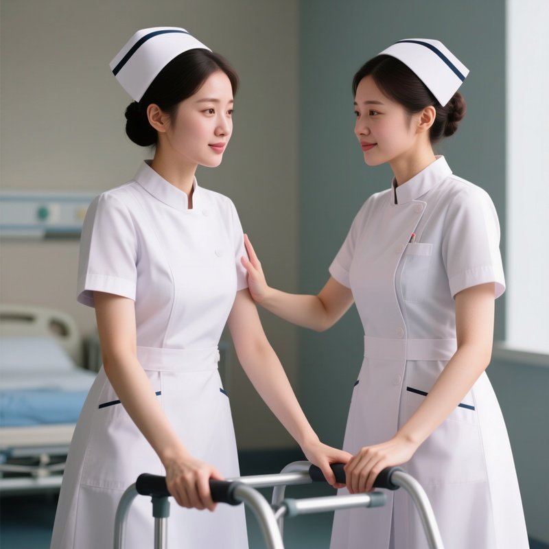Photorealistic Nurse Offering Gentle Verbal Encouragement During Mobility Practice