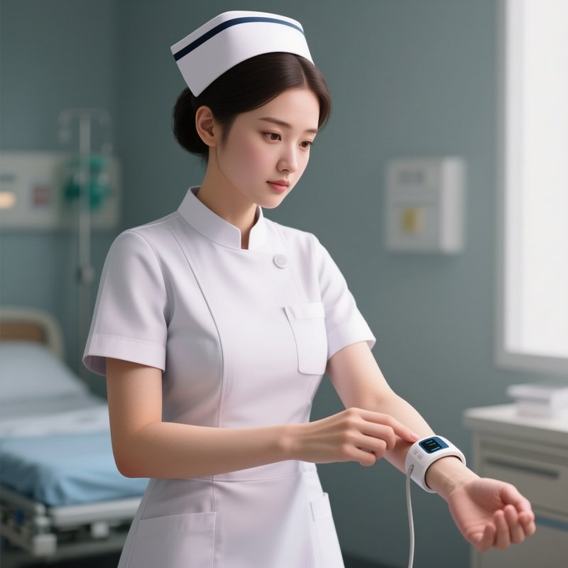 Photorealistic Nurse Performing A Routine Pulse Check With A Wrist Monitor
