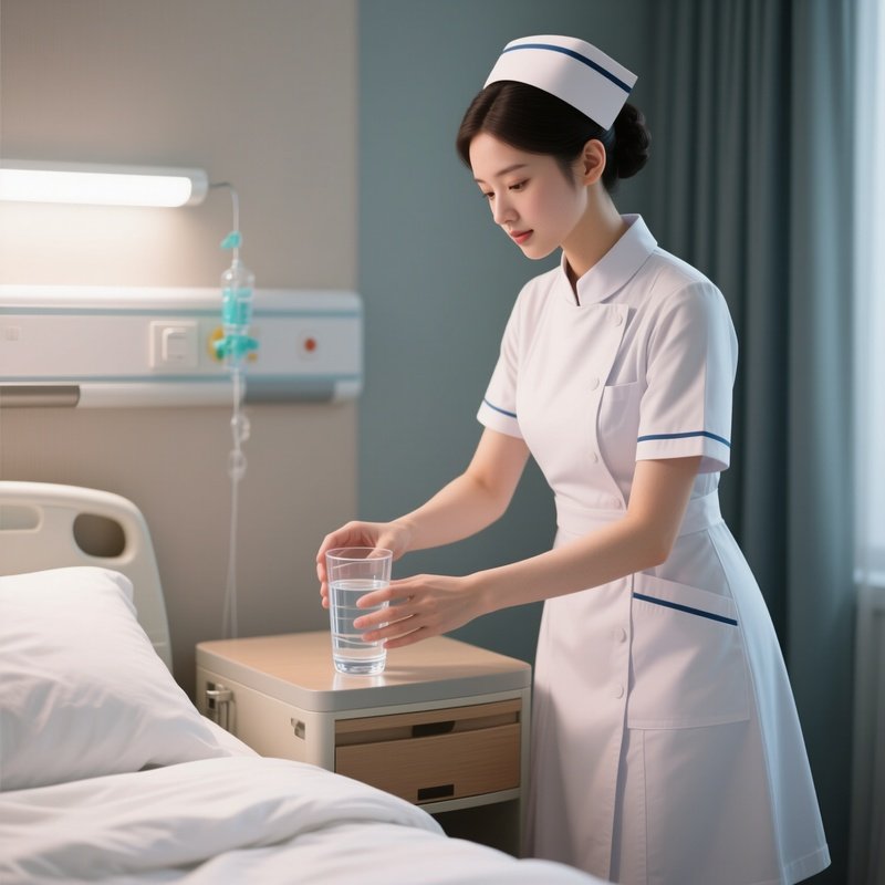 Photorealistic Nurse Placing A Fresh Water Cup On The Bedside Table