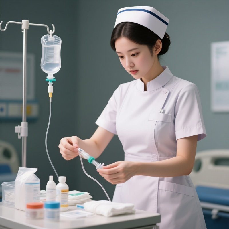 Photorealistic Nurse Preparing Supplies For Routine Catheter Care