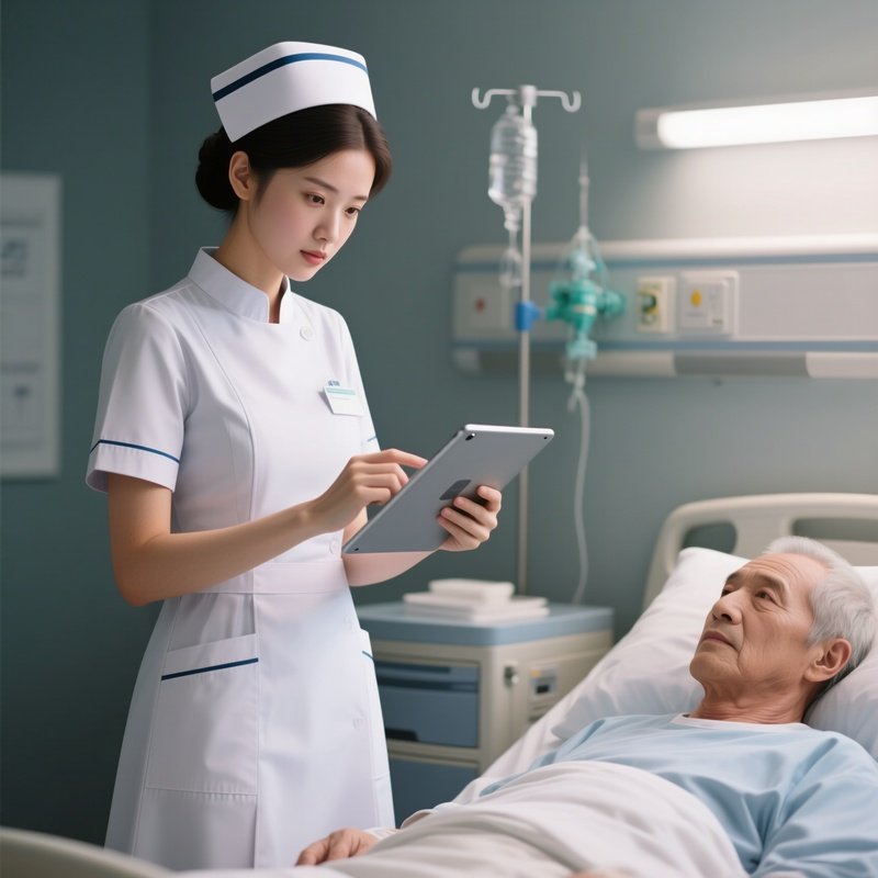 Photorealistic Nurse Reviewing Care Plans On A Tablet Beside The Patient