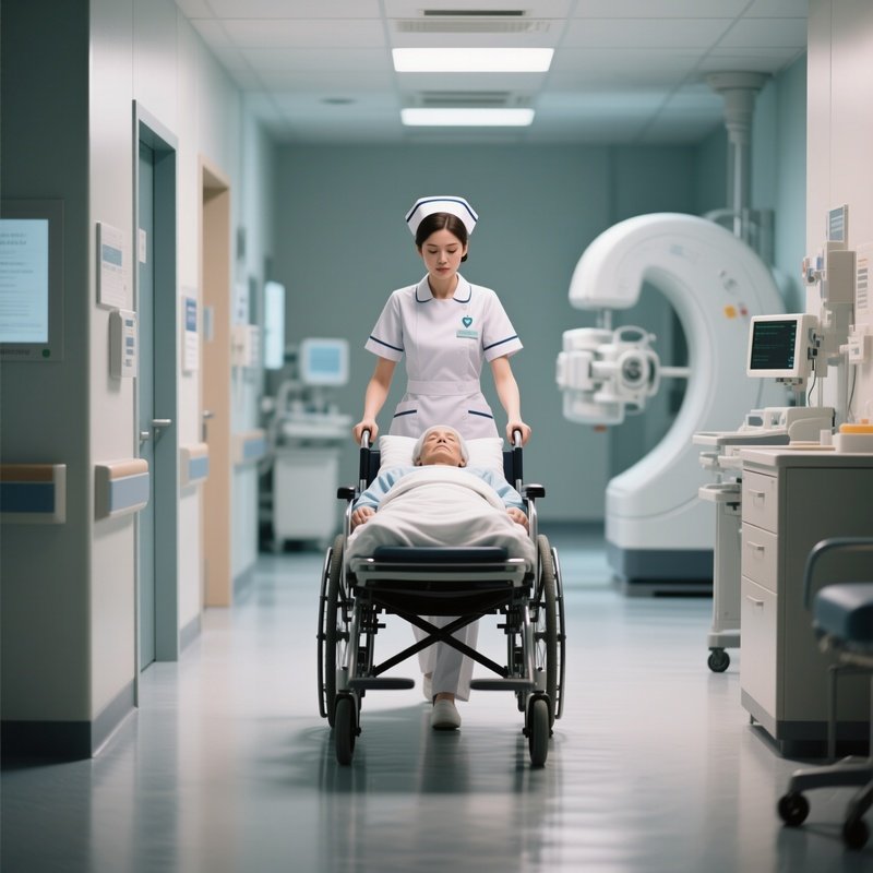 Photorealistic Nurse Wheeling A Patient Toward A Diagnostic Area