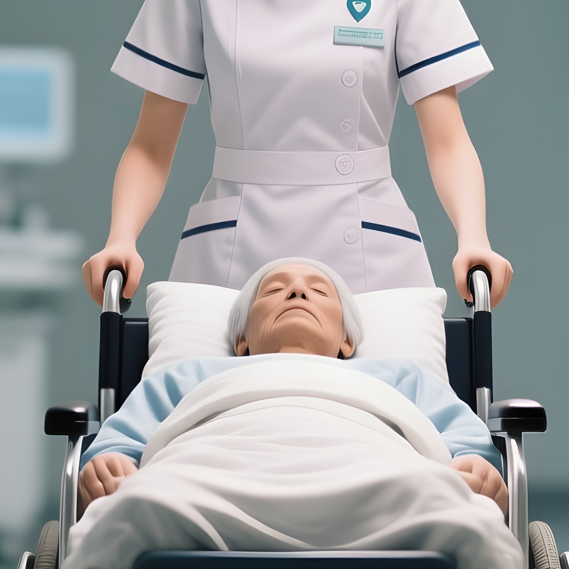 Photorealistic Nurse Wheeling A Patient Toward A Diagnostic Area - Full Resolution Quality Preview