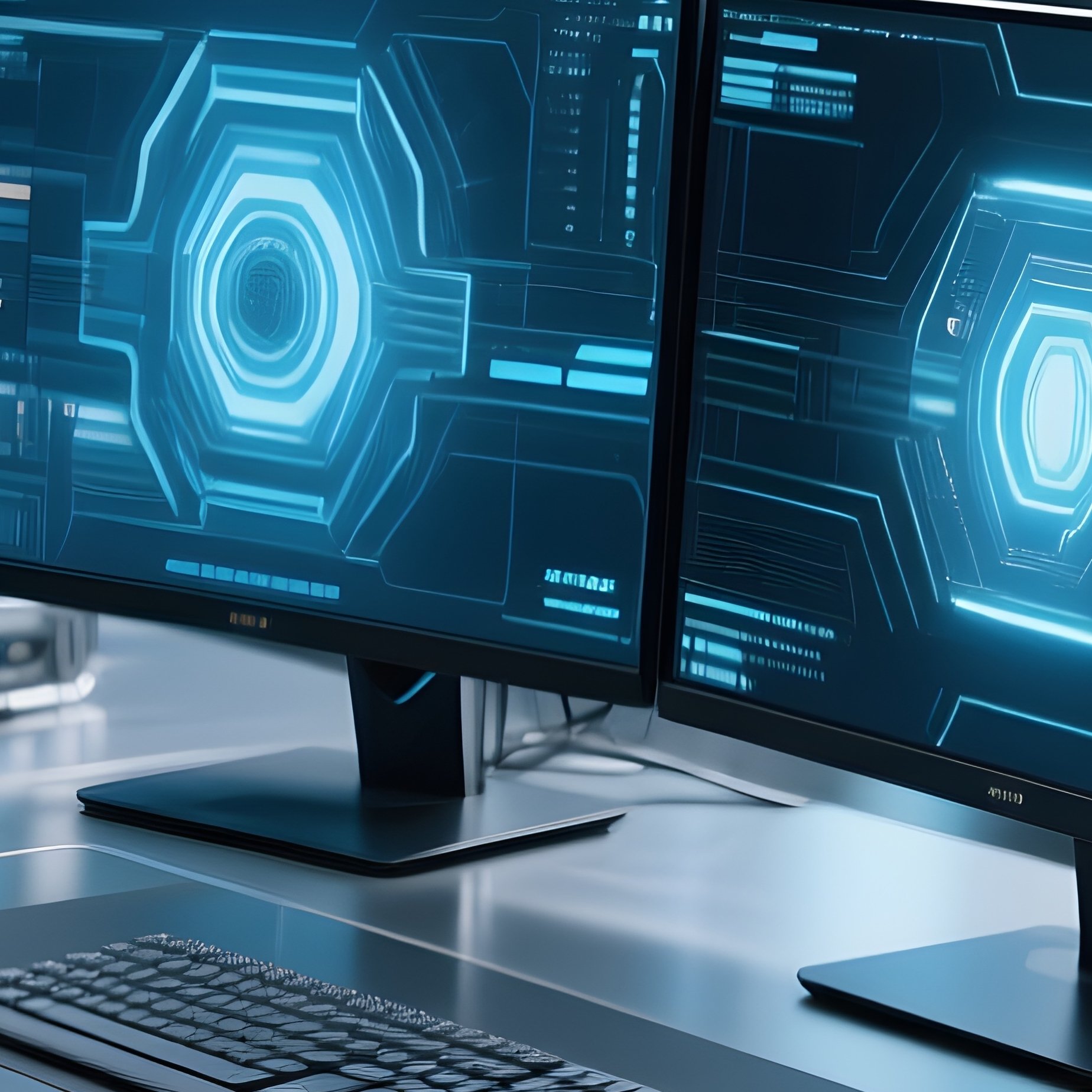 Photorealistic Office Desk With Dual Monitors Science Fiction - Full Resolution Quality Preview