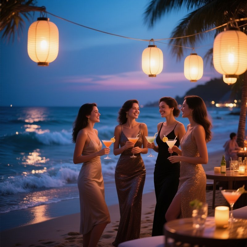 Photorealistic Photo: Friends In Cocktail Dresses At A Twilight Beach Club, Soft Lantern Lights Glowing Above Them As Waves Shimmer Nearby.