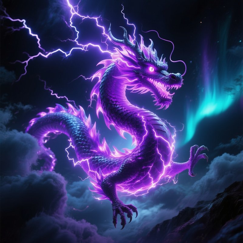 Photorealistic Plasma Dragon Radiating Violet Lightning