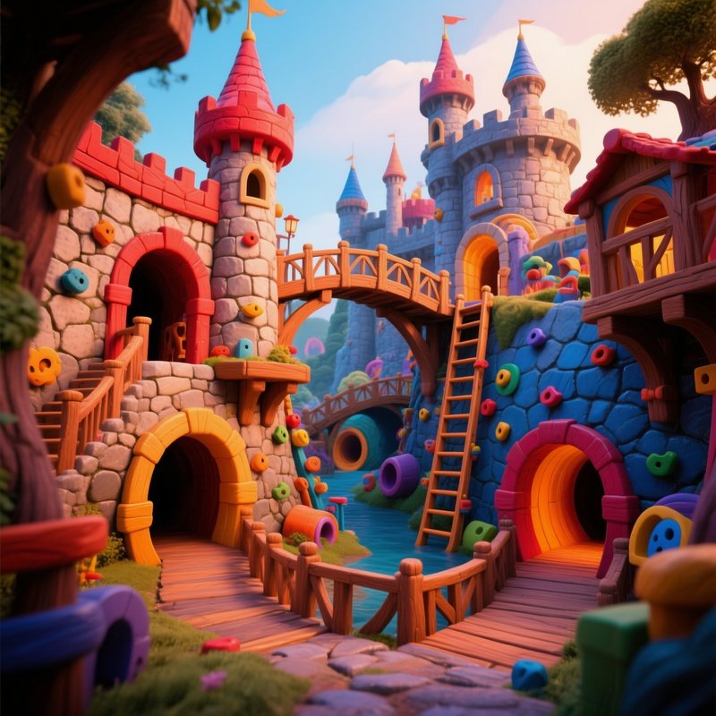 Photorealistic Play Castle With Bridges And Tunnels