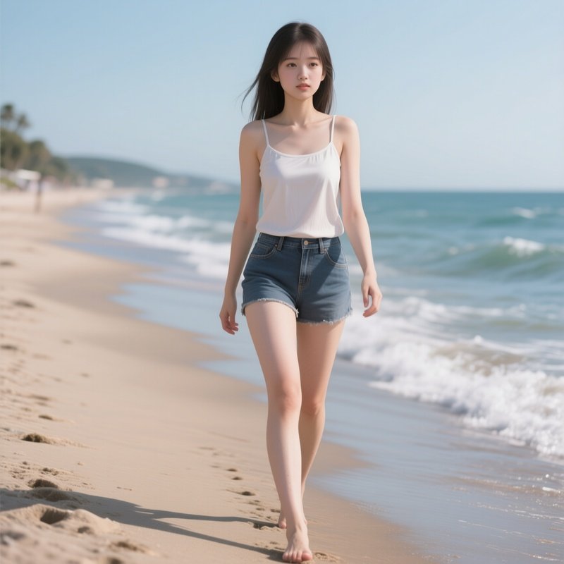 Photorealistic Pretty Girl Walking Down The Beach