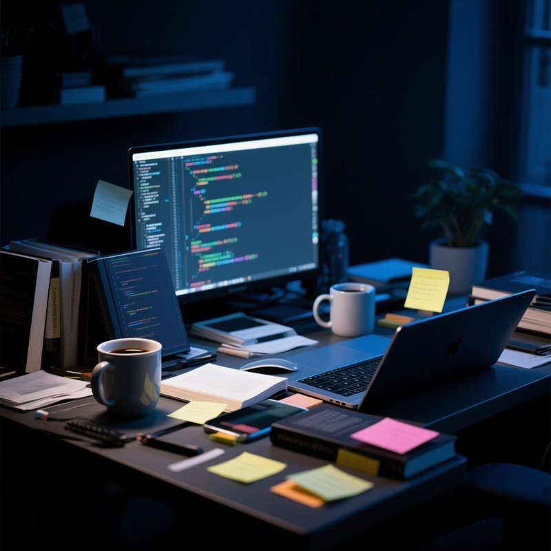 Photorealistic Programmer Desk With Notes And Coffee