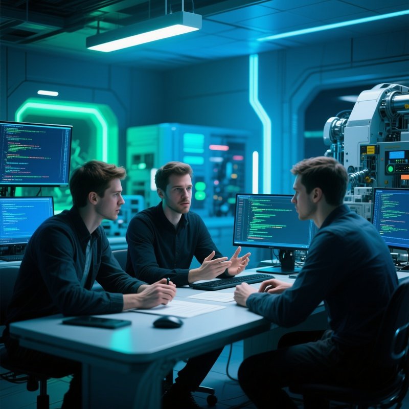 Photorealistic Programmers Discussing Code At Table Science Fiction