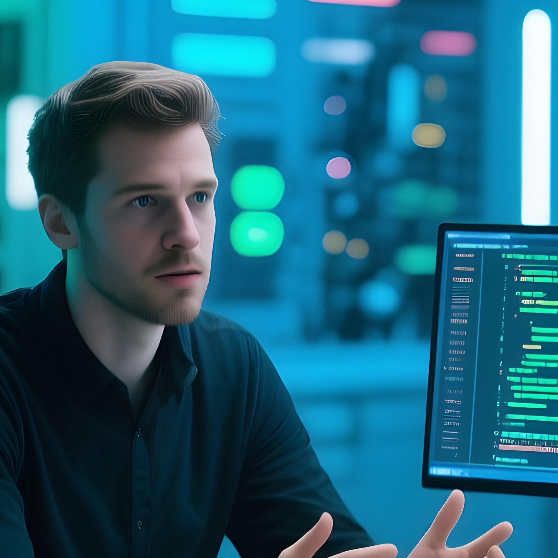 Photorealistic Programmers Discussing Code At Table Science Fiction - Full Resolution Quality Preview