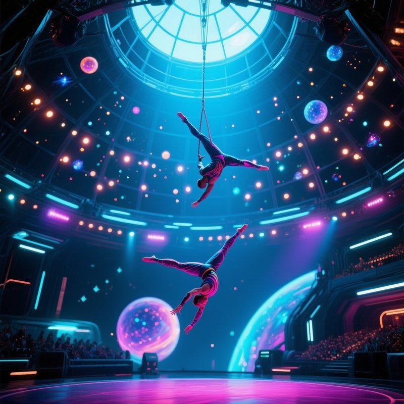Photorealistic Science Fiction Acrobats Flipping Dome Of Twinkling Lights