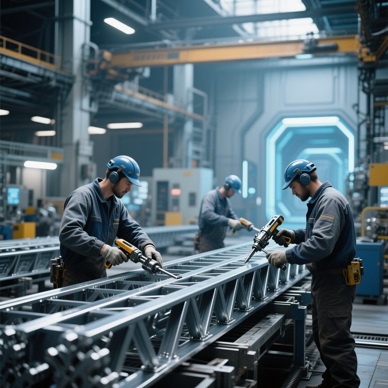 Photorealistic Science Fiction Workers Assembling Steel Girders