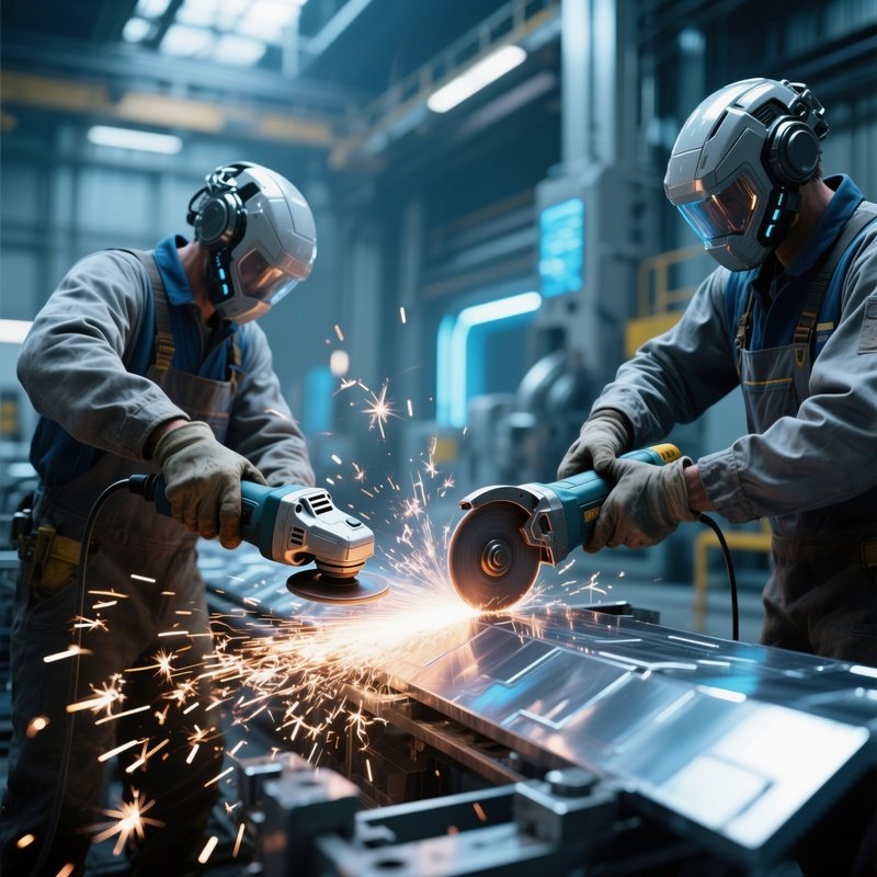 Photorealistic Science Fiction Workers Cutting Steel Rods