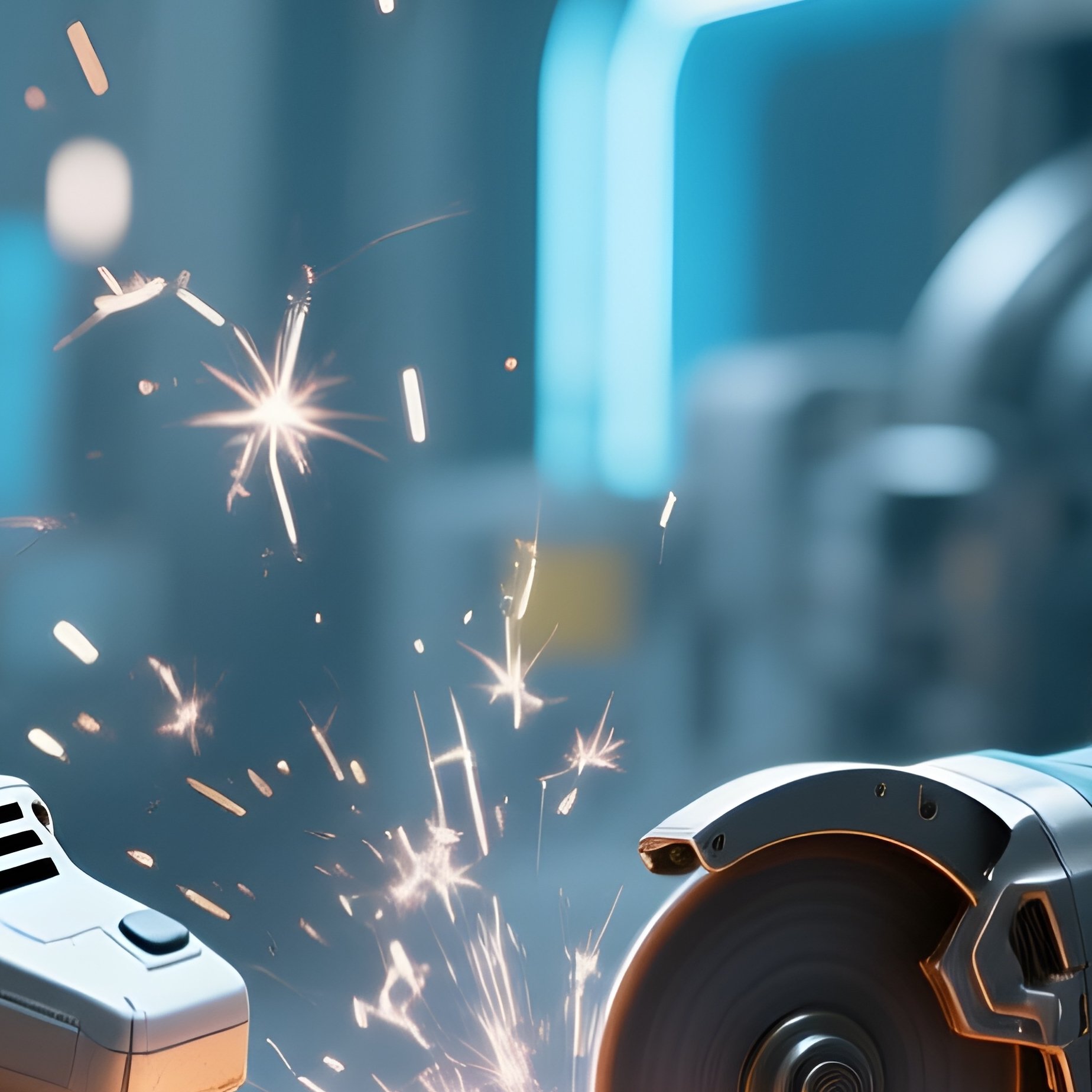 Photorealistic Science Fiction Workers Cutting Steel Rods - Full Resolution Quality Preview