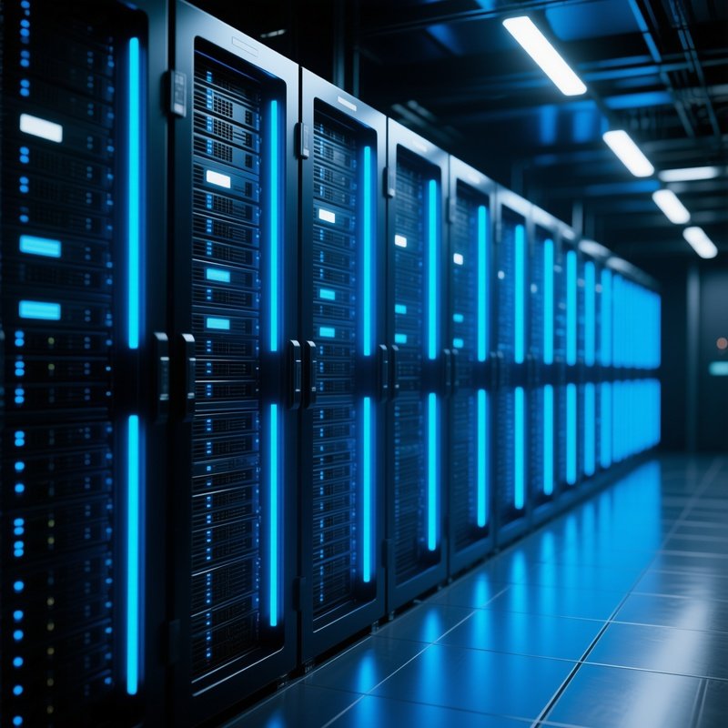 Photorealistic Server Racks Blue Lights Aligned Symmetrically