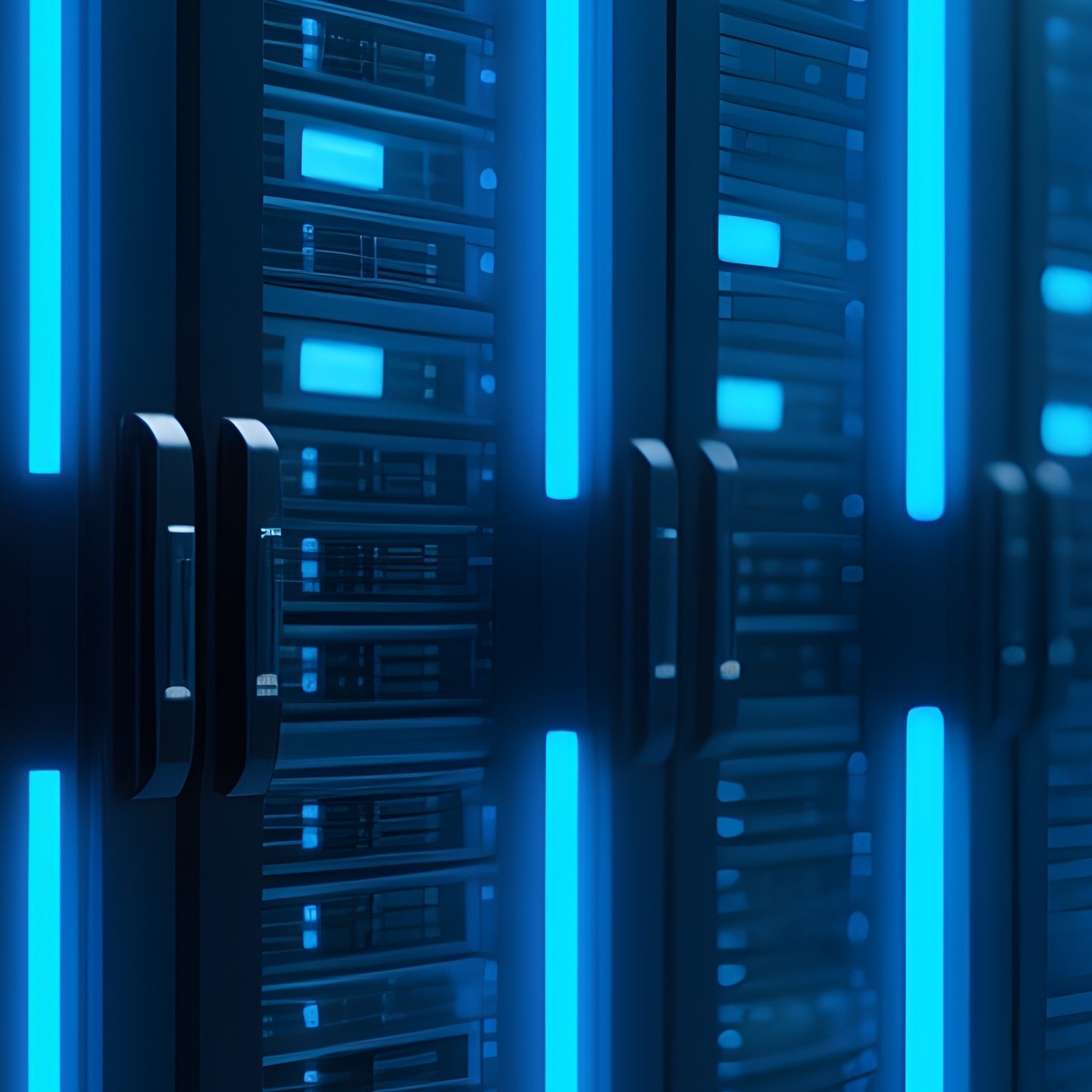 Photorealistic Server Racks Blue Lights Aligned Symmetrically - Full Resolution Quality Preview
