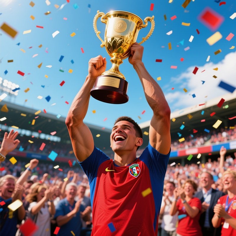 Photorealistic Shooting Champion Raising Trophy Under Confetti And Cheers