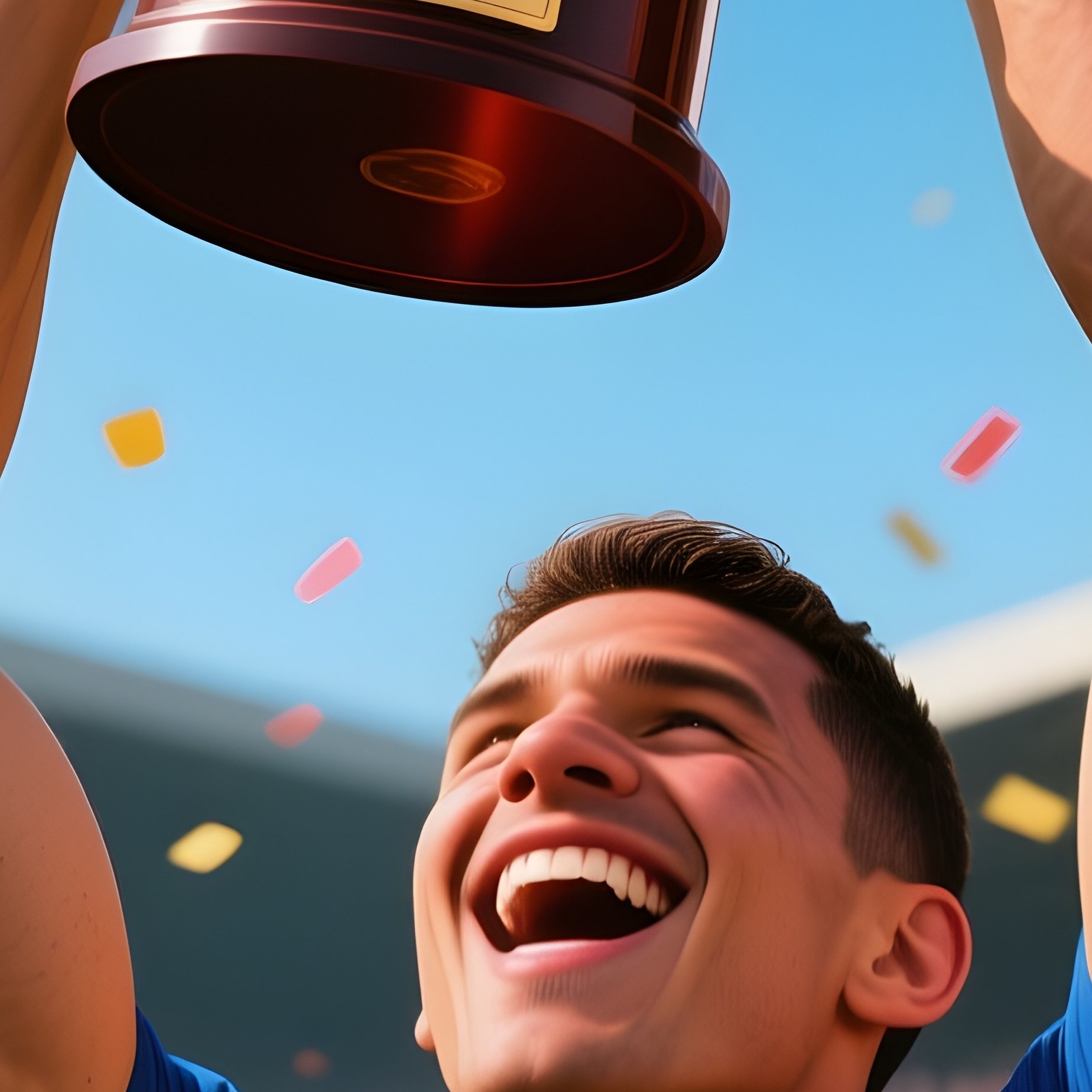 Photorealistic Shooting Champion Raising Trophy Under Confetti And Cheers - Full Resolution Quality Preview
