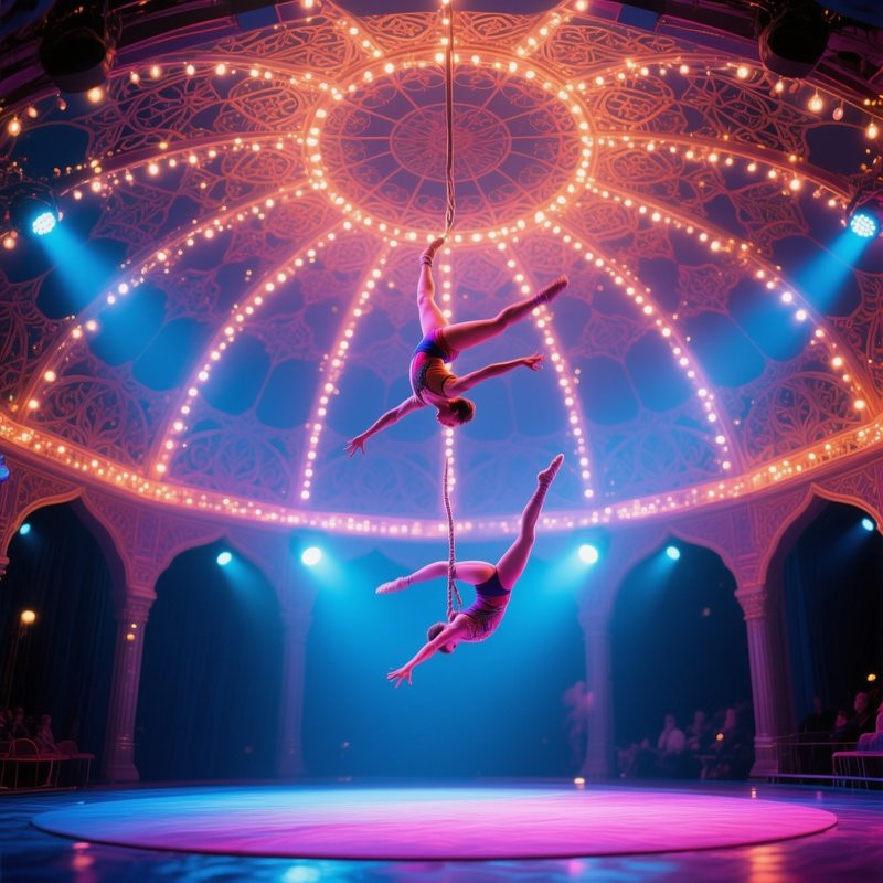 Photorealistic Still Life Acrobats Flipping Dome Of Twinkling Lights