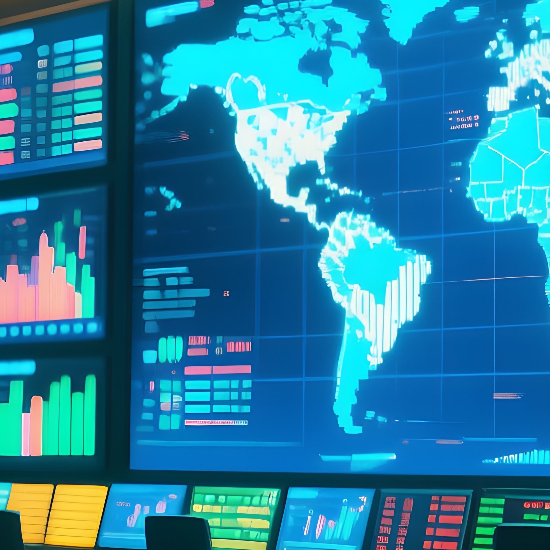 Photorealistic Trading Room Led Tickers Global Maps - Full Resolution Quality Preview