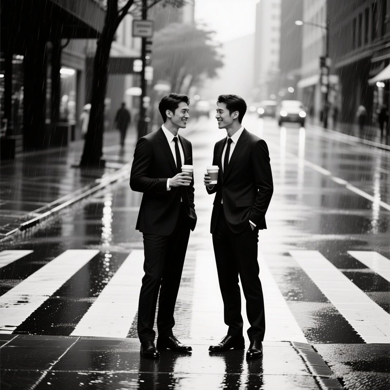 Photorealistic Two Stylish Friends Waiting At Crosswalk With Coffees